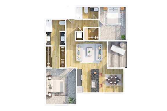 Floor Plan  A top-down view of a house interior with a kitchen, living room, and bathroom.