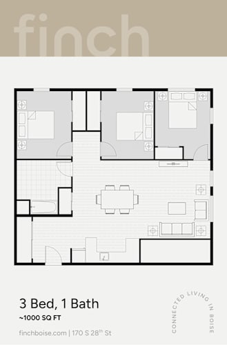 Floor Plan  A floor plan for a 3 bedroom, 1 bathroom apartment at finchboise.com.