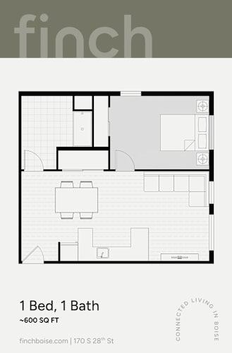 Floor Plan  A floor plan for a 1 Bed, 1 Bath apartment at finchboise.com.