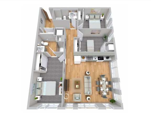 Floor Plan  A 3D floor plan of a house with a kitchen, living room, dining room, and two bedrooms.