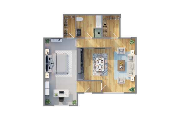 Floor Plan  A floor plan of a house with a living room, kitchen, and two bedrooms.