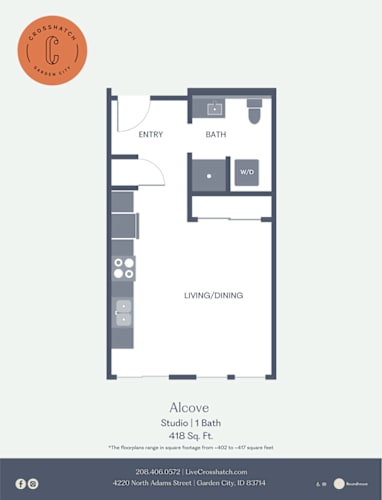 Floor Plan  A floor plan for a 418 square foot studio apartment.