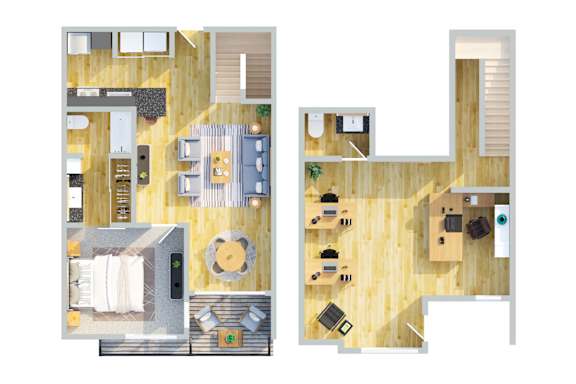 Floor Plan  A floor plan of a two-story apartment with a living room, kitchen, and bedrooms.