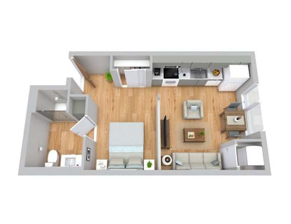 Floor Plan  A 3D rendered image of a modern apartment layout.