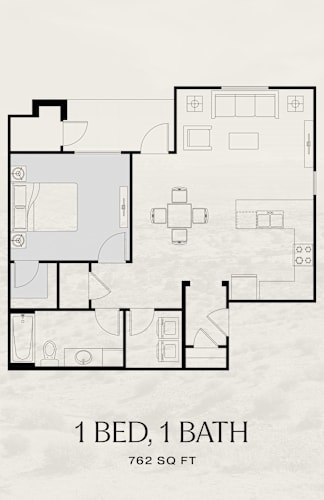Floor Plan  A floor plan of a 1 bedroom, 1 bathroom apartment that is 762 square feet.