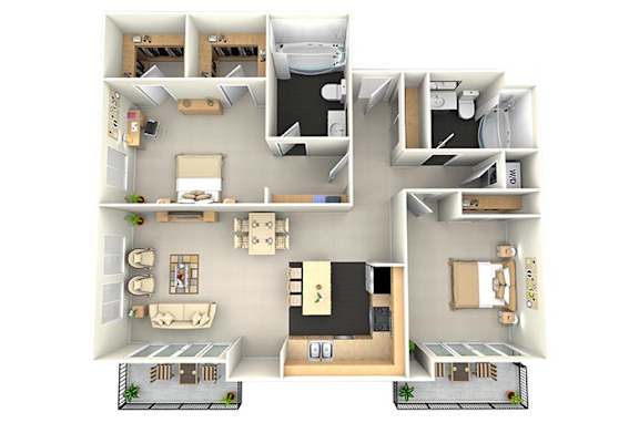 Floor Plan  A 3D floor plan of a house with multiple rooms and furniture.