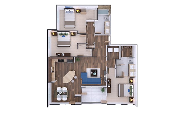 Floor Plan  A floor plan of a house with a kitchen, living room, and two bedrooms.