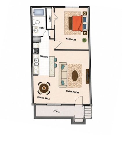Floor Plan  A floor plan of a house with a living room, dining area, kitchen, bedroom, bathroom, and porch.