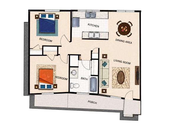 Floor Plan  A floor plan of a house with two bedrooms, a living room, a dining area, a kitchen, a bathroom, and a porch.