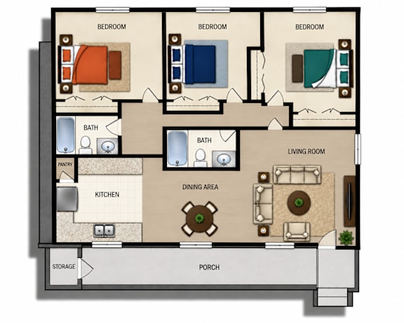 Floor Plan  A floor plan of a house with three bedrooms, a living room, a dining area, a kitchen, a bathroom, a porch, and a storage area.