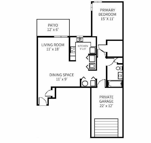 Floor Plan  A black and white image of a floor plan for a house with a living room, dining space, kitchen, and private garage.