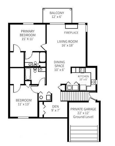 Floor Plan  A black and white image of a house floor plan with a balcony, living room, dining space, kitchen, bedrooms, den, and a private garage.