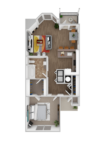 Floor Plan  A top-down view of a apartment layout with a kitchen, living room, and bedrooms. Apartments in Bethany Oregon.