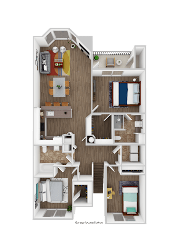 Floor Plan  A floor plan of apartment in bethany with a kitchen, living room, and two bedrooms.