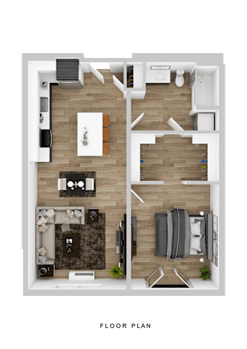 Floor Plan  A floor plan of a small apartment with a living room, kitchen, and two bedrooms.