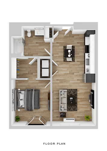 Floor Plan  A floor plan of a house with a living room, kitchen, and two bedrooms.