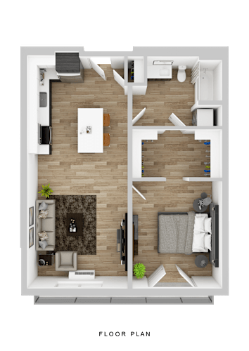 Floor Plan  A floor plan of a house with a living room, kitchen, and two bedrooms.