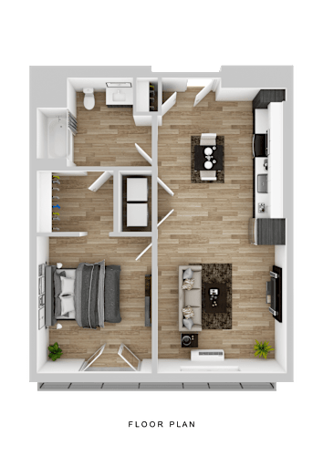 Floor Plan  A floor plan of a house with a living room, kitchen, and two bedrooms.