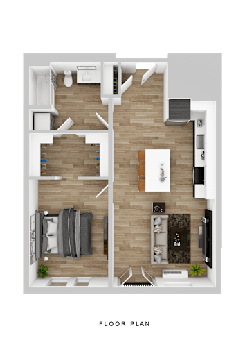 Floor Plan  A floor plan of a house with a kitchen, living room, and two bedrooms.