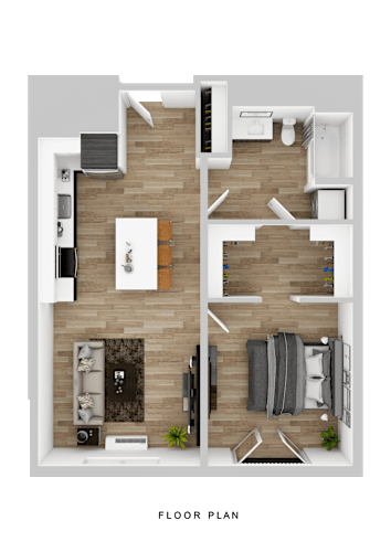 Floor Plan  A floor plan of a small apartment with a living room, kitchen, and two bedrooms.