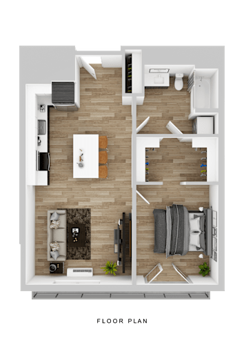 Floor Plan  A floor plan of a small apartment with a living room, kitchen, and bedroom.