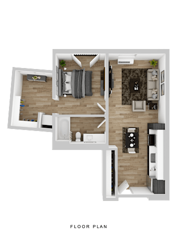 Floor Plan  A floor plan of a house with a living room, dining room, kitchen, and two bedrooms.