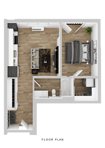Floor Plan  A floor plan of a small apartment with a living room, kitchen, and bathroom.