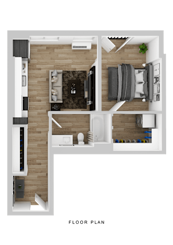 Floor Plan  A floor plan of a small apartment with a kitchen, living room, and bathroom.