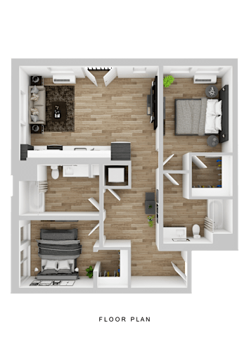 Floor Plan  A floor plan of a small apartment with a living room, kitchen, and two bedrooms.