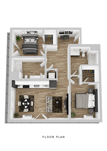 Floor Plan  A floor plan of a house with a kitchen, living room, and two bedrooms.