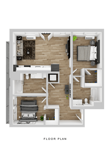 Floor Plan  A floor plan of a house with a living room, kitchen, and two bedrooms.