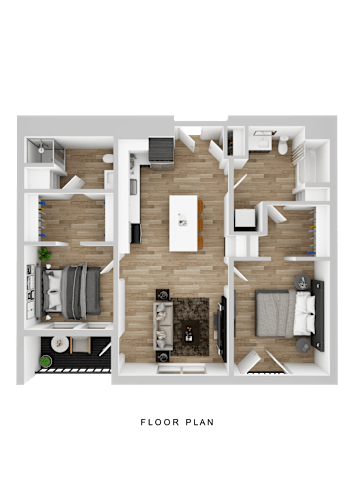 Floor Plan  A floor plan of a house with a kitchen, living room, and two bedrooms.