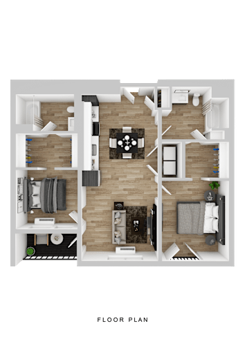 Floor Plan  A floor plan of a house with a kitchen, living room, and two bedrooms.
