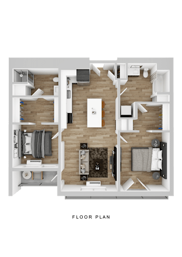 Floor Plan  A floor plan of a house with a kitchen, living room, and two bedrooms.