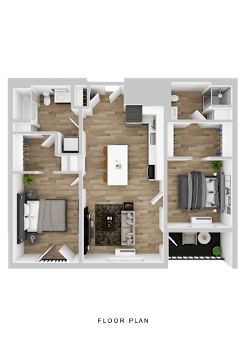 Floor Plan  A floor plan of a house with a kitchen, living room, and bedrooms.