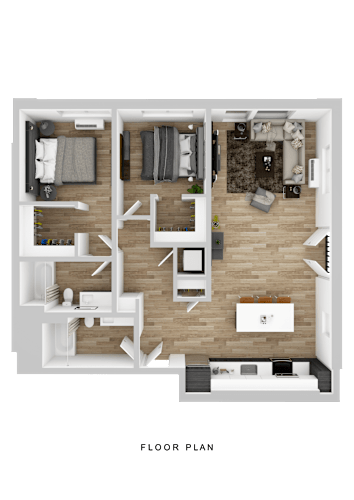 Floor Plan  A floor plan of a house with a kitchen, living room, and bathroom.
