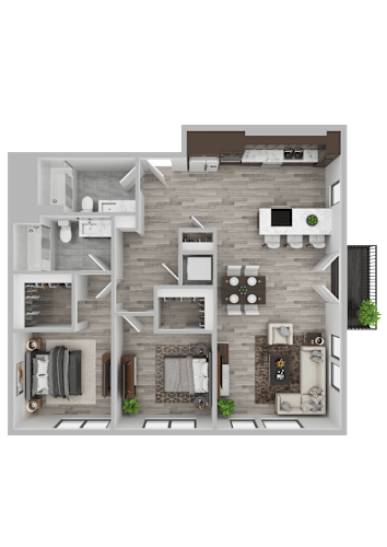 Floor Plan  A 3D floor plan of a house with a kitchen, living room, and two bedrooms.