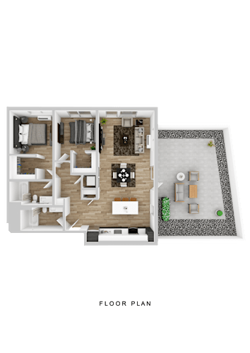 Floor Plan  A floor plan of a house with a kitchen, living room, and two bedrooms.