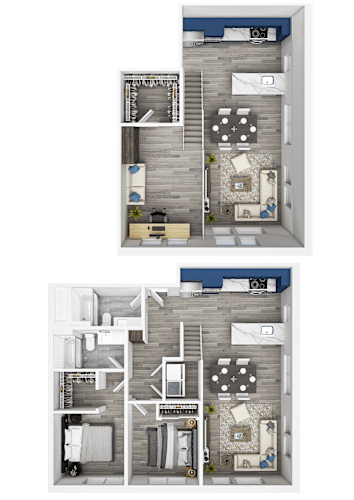 Floor Plan  A set of three images showing different layouts of a room with a bed, a desk, and a chair.