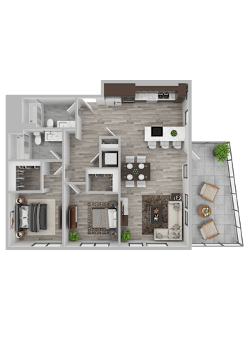 Floor Plan  A top-down view of a house layout with a kitchen, living room, dining area, and a backyard.