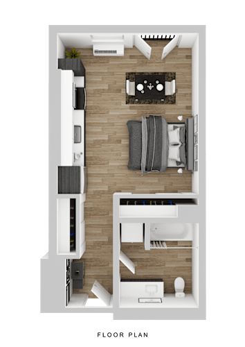 Floor Plan  A floor plan of a modern apartment with a living room, kitchen, and bedrooms.