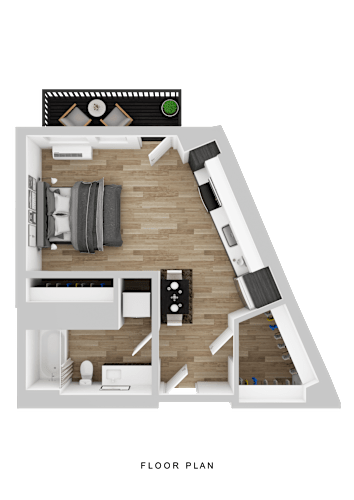 Floor Plan  A floor plan of a house with a living room, kitchen, and two bedrooms.