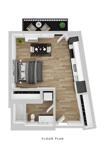 Floor Plan  A floor plan of a house with a living room, kitchen, and two bedrooms.