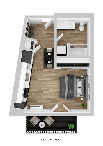 Floor Plan  A floor plan of a small apartment with a living room, kitchen, and bathroom.
