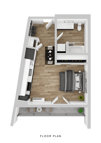 Floor Plan  A floor plan of a small apartment with a living room, kitchen, and bedroom.
