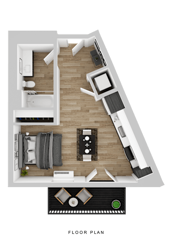 Floor Plan  A floor plan of a house with a living room, kitchen, and two bedrooms.