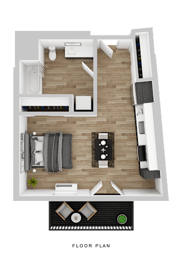 Floor Plan  A floor plan of a house with a living room, kitchen, and two bedrooms.