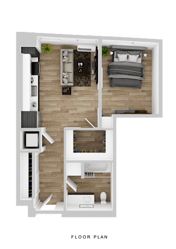 Floor Plan  A floor plan of a small apartment with a living room, kitchen, and bedroom.