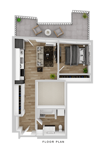 Floor Plan  A floor plan of a small apartment with a living room, kitchen, and bathroom.