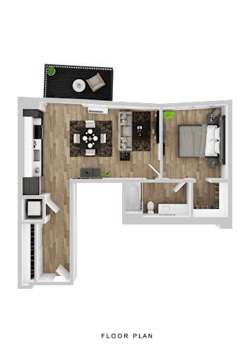 Floor Plan  A floor plan of a house with a kitchen, living room, and two bedrooms.